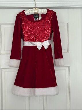 Pink Violet Girls' Red Sequin & Velvet Holiday Dress with White Trim